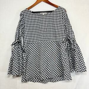 Ann Taylor Loft S Gingham Plaid Tied Bell Sleeve Top Picnic Cottage Prairie Cute